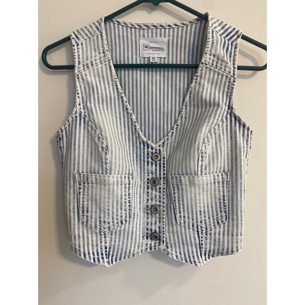 REgeneration Celebrity Pink Striped Denim Vest Blue White XS Cropped Acid Wash